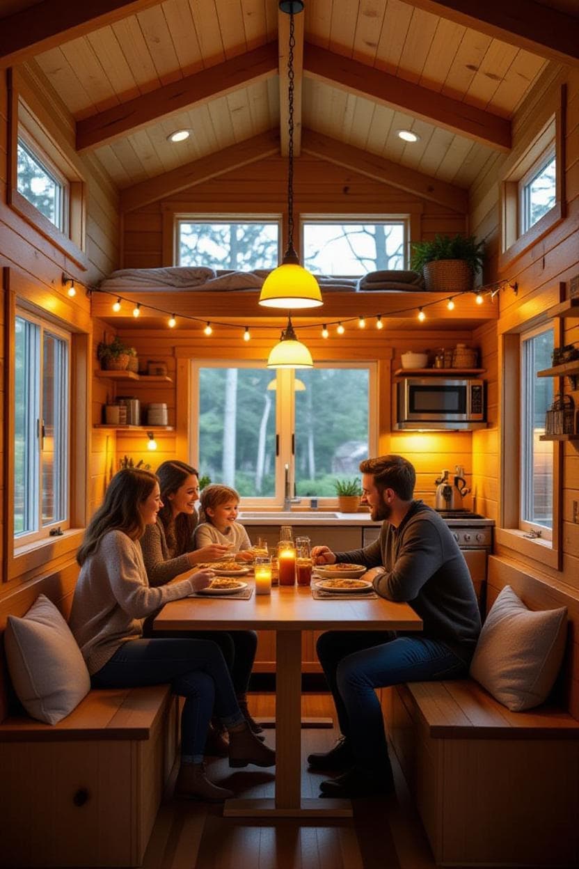 Warmly lit tiny house interior with family around dining table