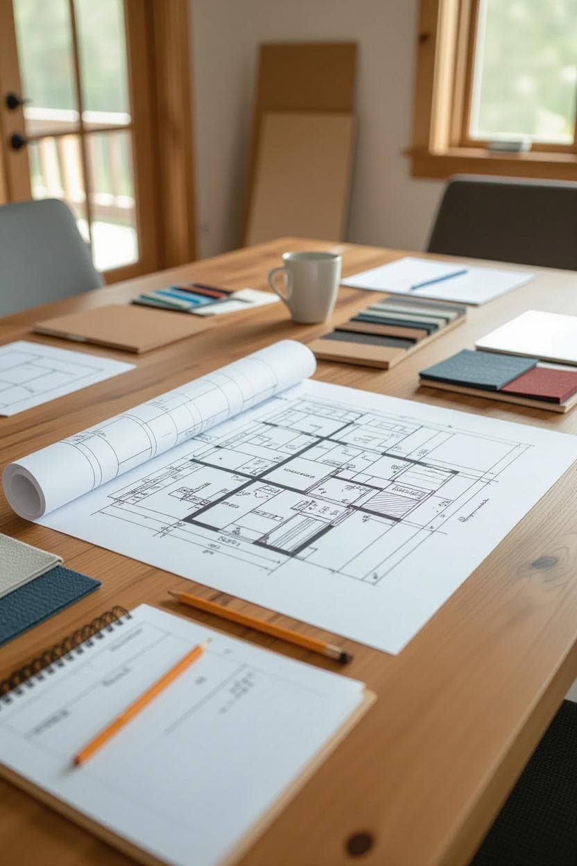 Blueprints, material samples, and sketches laid out during client meeting