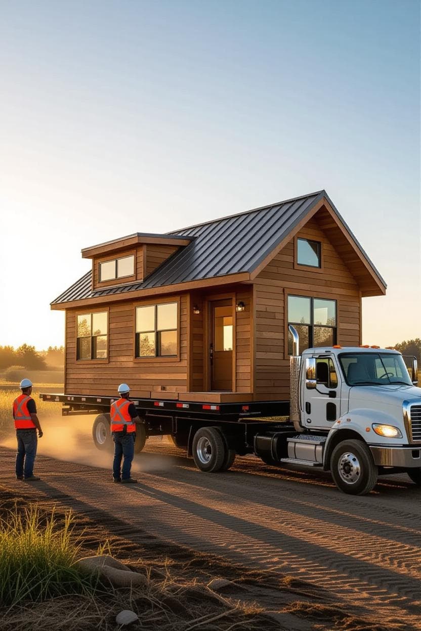 Completed tiny house being placed on site with crane