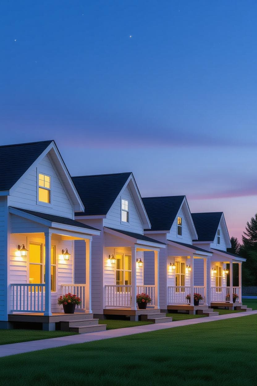 Row of three identical tiny homes with porch lights glowing at dusk