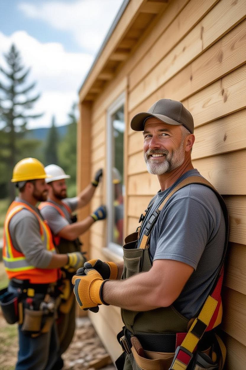 Von overseeing crew installing siding on a tiny home