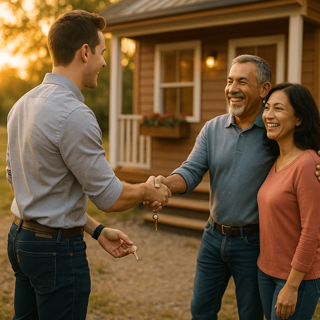 Bryce standing with couple outside finished tiny house, smiling and shaking hands