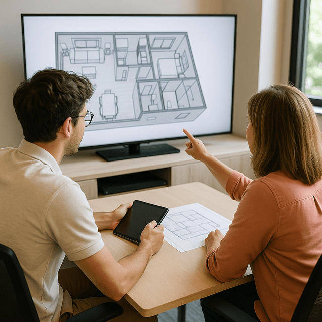 Aaron sketching layout changes on blueprints with client beside him